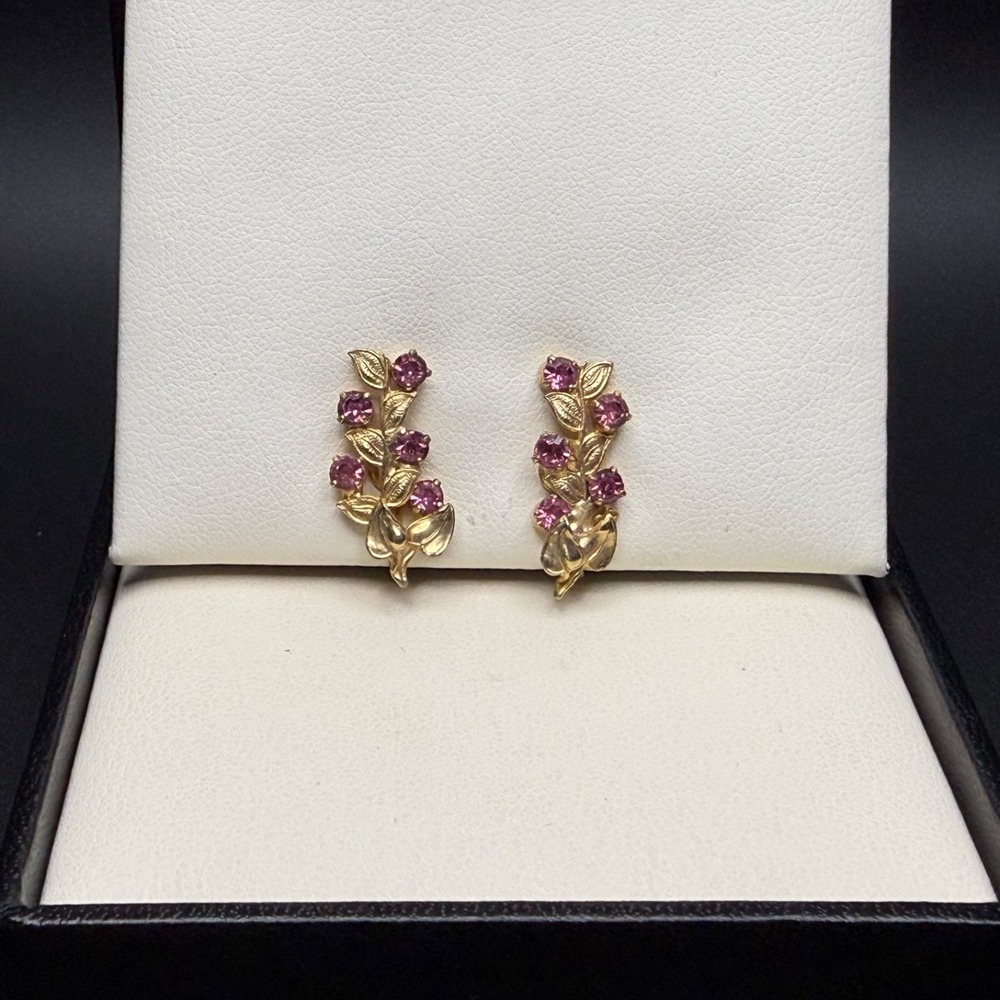 Vintage Gold Tone Pink Rhinestone Floral Leaf Screwback Earrings Mid Century 1"